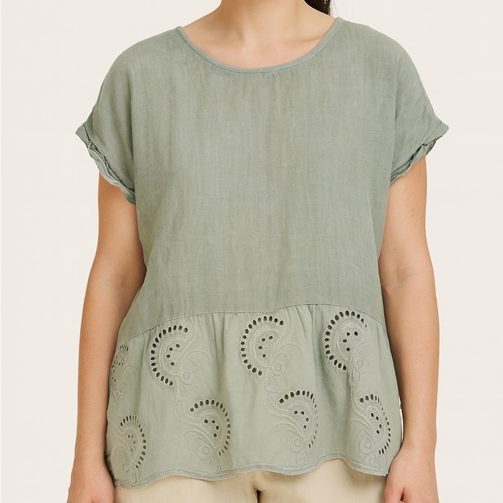 TEREZO Millennio 100% Italian Linen Mixed Media Perforated Eyelet Boho Blouse